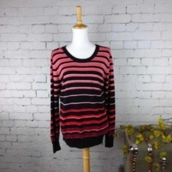 Worthington Striped Knit Scoop Neck Sweater Black And Pink Size Large - Picture 1 of 5